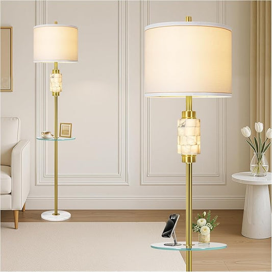 Gold Floor Lamp for Living Room with Glass Tray and Night Light,Alabaster Tall Lamp,Living Room Lamp with Linen Shade,Marble Base Standing Lamp Decor for Bedroom,Office(Bulb Included)