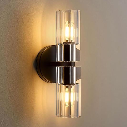 Black Crystal Wall Sconces, 13" Modern Brass Sconces Lighting with K9 Crystal Lampshade,Indoor Wall Sconce Bedroom Wall Light Fixtures for Living Room Bathroom Hallway Stairs Entryway