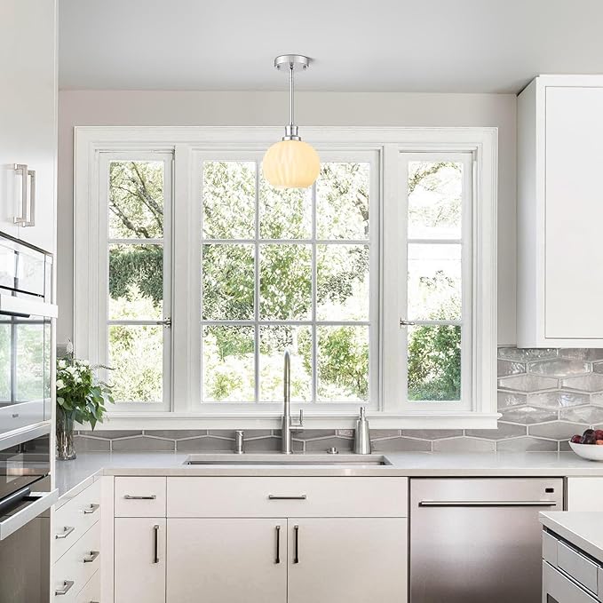 Milk Glass Pendant Lights Kitchen Island, 1-Light 7.1" Brushed Nickel Modern Pendant Light Fixtures with Rods, Globe Hanging Lighting for Kitchen Sink Bathroom Dining Room, E26 Base