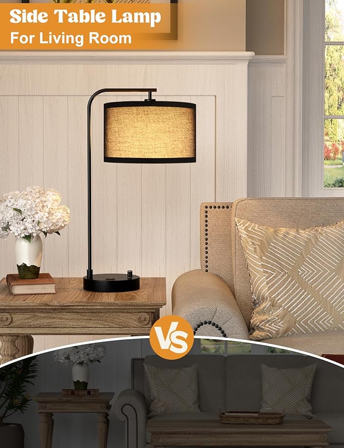 Black Tall Table Lamp with USB Port and Outlet, Dimmable Nightstand Bedside Lamps with Linen Lampshade, Desk Lamp for Bedroom, Living Room, Guest Room, Home Office, LED Bulb Included
