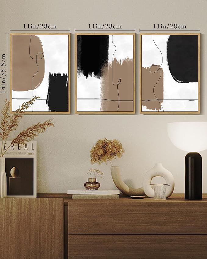 KUVIOKE Neutral Abstract Framed Wall Art Beige Mid Century Textured Wall Decor Minimalist Line Modern Illustrations Art Print Home Decor 11x14in (Natural Framed)