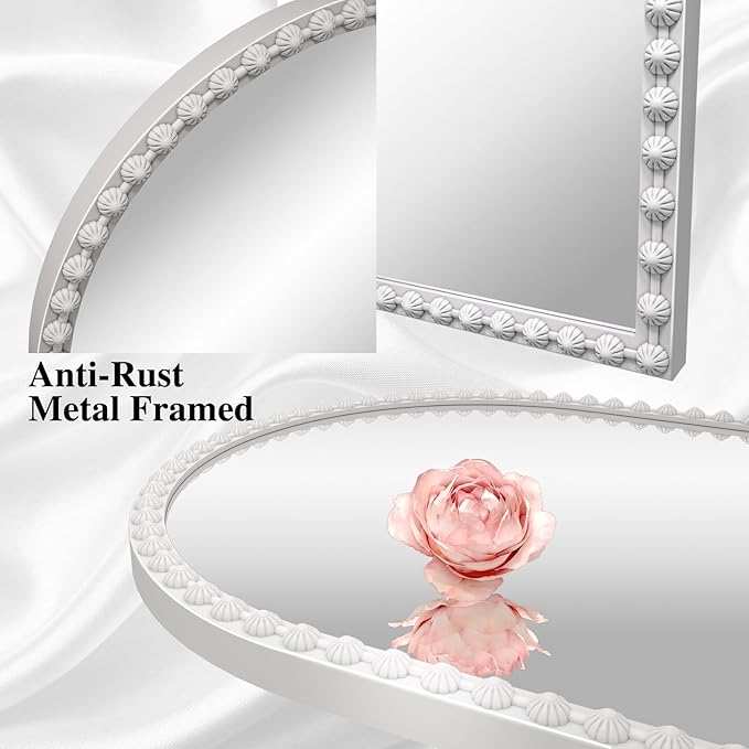 Arched Mirror for Wall, 22"x30" White Arch Bathroom Vanity Mirrors, Metal Floral Frame Decorative Arch Wall Mirror, White Arched Mirrors for Washroom, Bedroom, Entryway, Living Room