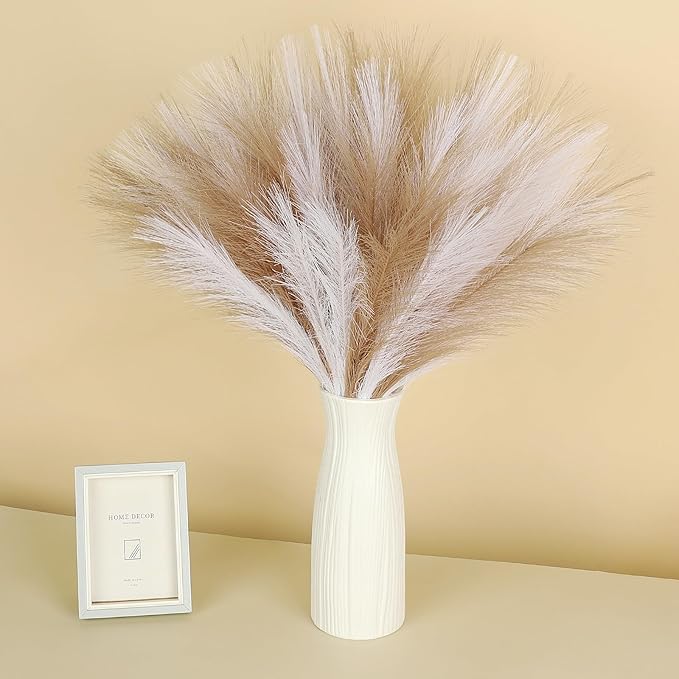 60 Pcs Pampas Grass Decor 21.7" Fluffy Faux Short Brown White Pampas Grass Artificial Small Pompas Grass Flower Vase Filler for Home Wedding Decoration