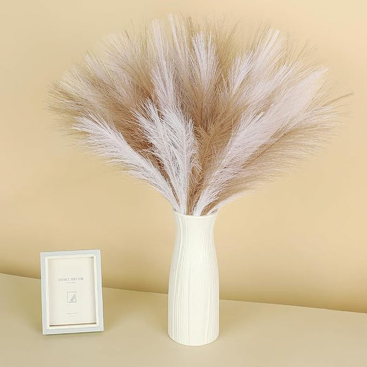 60 Pcs Pampas Grass Decor 21.7" Fluffy Faux Short Brown White Pampas Grass Artificial Small Pompas Grass Flower Vase Filler for Home Wedding Decoration
