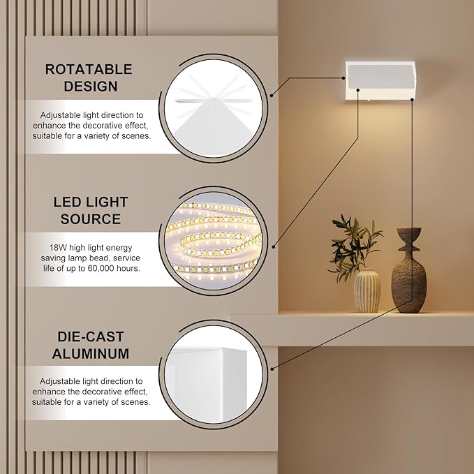 Indoor Modern Led Aluminum Wall Sconces,18W 5CCT 3000K-6000K Dimmable Hardwired Wall Light with Rotatable Lampshade,Contemporary Wall Lamp for Bedroom Living Room Hallway Stairway(White,2Pack)