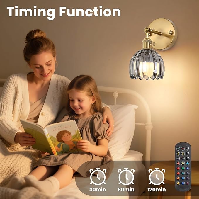 Battery Operated Wall Sconce Set of 2 with Smoke Gray Floral Glass Shade Vintage Wireless Wall Light with Remote Control for, Living Room, Bedroom and Bathroom Timer/Memory Function/Dimmer