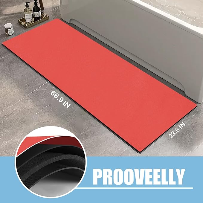 Extra Long Bathroom Rugs Diatomaceous Earth Bath mat Super Absorbent Quick Dry Non Slip Bath Mat Thin Runner Rug Fit Under Door-Shower Rug for in Front of Bathtub Shower, Red, 23.6"x66.9"