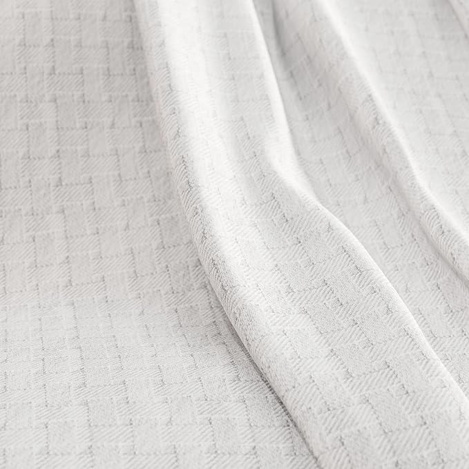 Full/Queen (90"x90") White 100% Cotton Blanket – Soft, Breathable, Anti-Odor, Warm & Cozy Bed Blanket for All Seasons, Basket Weave, Luxury Bedding