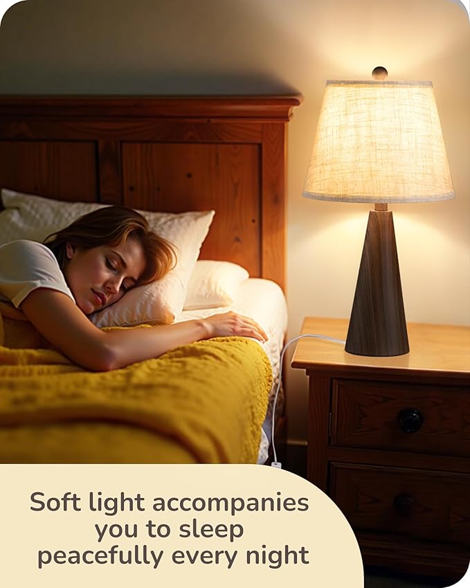 EDISHINE 21.85" Farmhouse Table Lamp, Rustic Bedside Lamp, Water Transfer Walnut Wood Grain Metal Base, Beige Linen Shade, Minimalist Nightstand Light for Living Room, Bedroom, Office, E26 Base