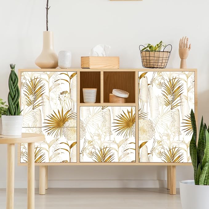 Gold/White Chrysanthemum Floral Peel and Stick Wallpaper - Tropical Palm Leaf Vintage Floral Contact Paper - Removable Wallpaper Vinyl Self Adhesive for Living Room Bedroom Shelf - 118.1"x17.71"