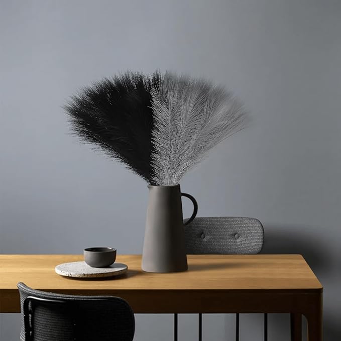 60 Pcs Pampas Grass Black and Light Grey Decor 21.7" Fluffy Faux Short Pampas Grass Artificial Small Pompas Grass Flower Vase Filler for Home Wedding Decoration