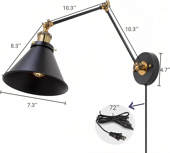 LALUZ Wall Sconces, Modern Swing Arm Plug in or Hardwired Sconces Wall Lighting Lamp with Polished Brass Finish, Wall Sconce Light Lights Indoor for Bedroom, Living Room, Study