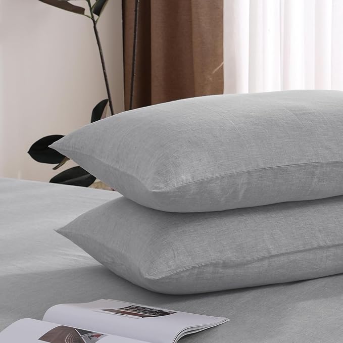 100% French Linen Pillowcase Set of 2, Breathable Envelope Closure Soft Linen Pillow Cover,Soft Luxury Hotel & Home Use, Gift