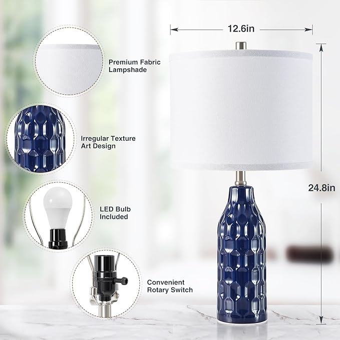 Luvkczc 24.8" Ceramic Table Lamps Set of 2 for Nightstand - 3 Color Temperature&Bulbs Included, Bedside Lamps for Living Room Bedroom Home Office Table Decor, Navy Blue