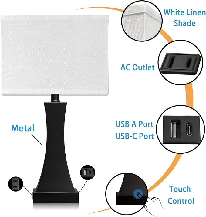 Table Lamp for Bedroom 3-Way Dimmable Touch Control Bedside Lamp with USB A+C Port & AC Outlet 21.6" Tall Nightstand Lamp for Living Room Office and Hotel Bulb Included