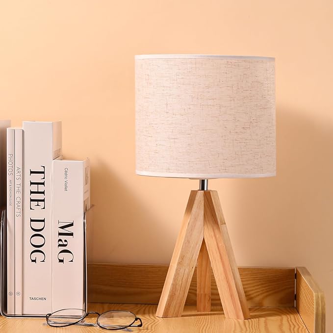 Table Lamp,Small Tripod Desk Lamp with Linen Fabric Lampshade,14.9",Tri-Color 5W Wooden Table Lamp for Living Room,Kids Room,Nursery