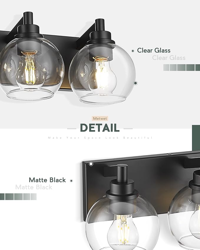 Bathroom Light Fixtures, 5 Light Matte Black Vanity Light, 32 Inch Modern Wall Sconces with Globe Clear Glass Shade, Vanity Lighting Fixtures Over Mirror, VL195-MB-CL-5