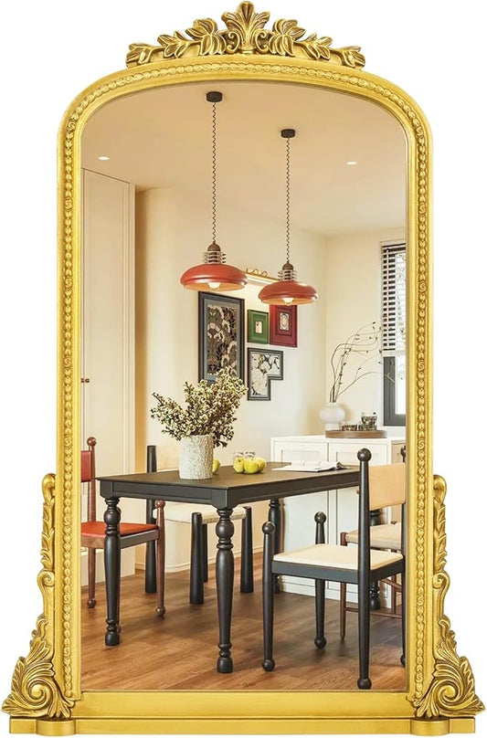 Gold 24 * 36in Arch Antiqued Wall Mirror with Beaded Frame – Flourish Baroque Ornate Mirror for Over Sink/Fireplace/Entryway Vanity, Living Room or Event – Home Décor
