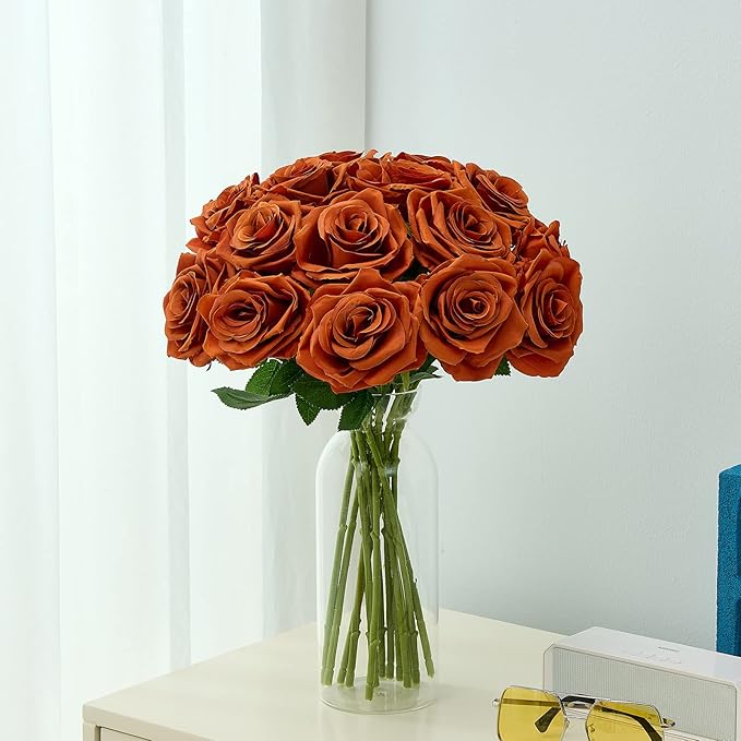 15pcs Burnt Orange Fake Roses Artificial Silk Flowers Faux Rose Flower Long Stems Bouquet for Arrangement Wedding Centerpiece Party Home Kitchen Decor(VASE NOT Included)