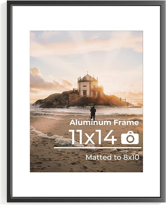 11x14 Aluminum Picture Frame Black, 11 x 14 Metal Photo Frames with Removable Mat for 8 x 10 Photo, Metal Poster Frame Sawtooth Hanger for Easy Wall Display, Set of 1