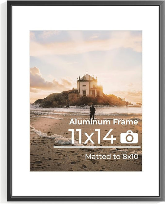 11x14 Aluminum Picture Frame Black, 11 x 14 Metal Photo Frames with Removable Mat for 8 x 10 Photo, Metal Poster Frame Sawtooth Hanger for Easy Wall Display, Set of 1
