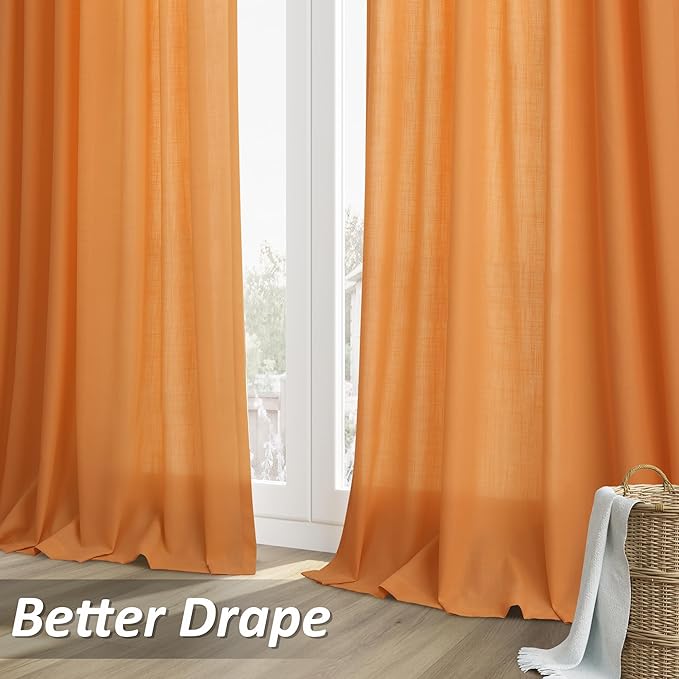 Guken Orange Linen Curtains 96 Inch Length for Living Room Bedroom 2 Panels Set Rod Pocket Light Filtering Semi Sheer Window Curtains 52 Inch Width Boho Farmhouse Linen Drapes, W52xL96