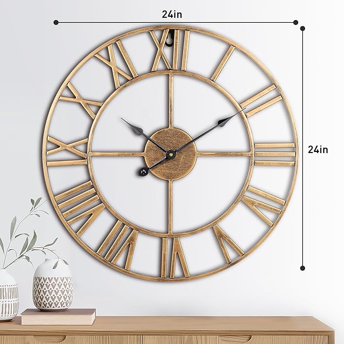 Large Wall Clock, 24-Inch(60CM) Roman Numeral Decorative Art Wall Clock,Completely Silent, Non Ticking, Battery-Operated Metal for Living Room, Bedroom and Kitchen-Copper Gold