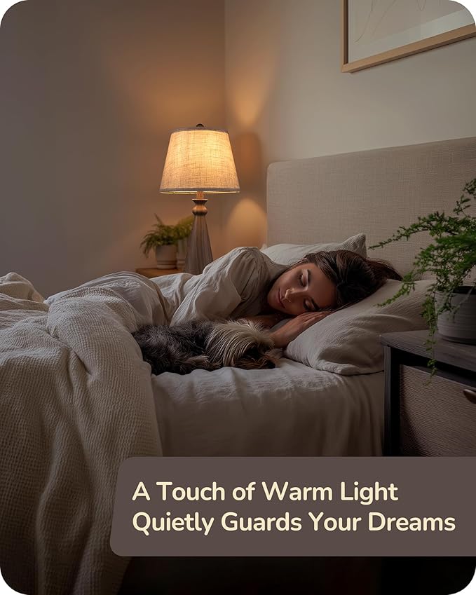 EDISHINE 21.85" Farmhouse Table Lamp, Rustic Bedside Lamp, Water Transfer Walnut Wood Grain Metal Base, Beige Linen Shade, Minimalist Nightstand Lamp for Living Room, Bedroom, Office, E26 Base