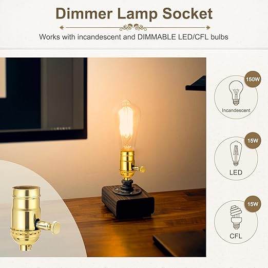 DiCUNO UL Listed Full Range Dimmer Lamp Socket Replacement, Vintage E26 Light Bulb Socket, Rotating Dimmer Switch Knob for Table, Floor Lamp, DIY Project, Gold, 150 Watt, 1-Pack