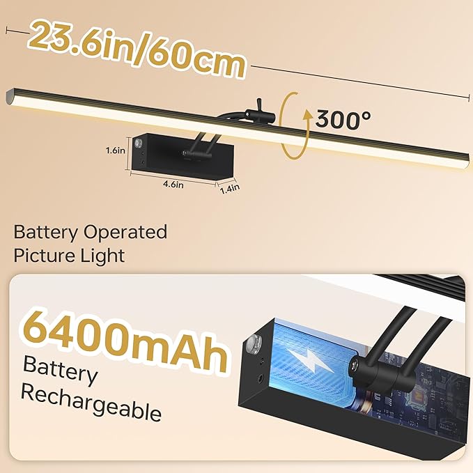 23.6 Inch Picture Light for Wall, 2 Pack 6400mAh Rechargeable Battery Operated Picture Lights, Cordless with Remote Gallery Light for Wall Pictures, Paintings, Artwork, Poster, Dartboards (Black)