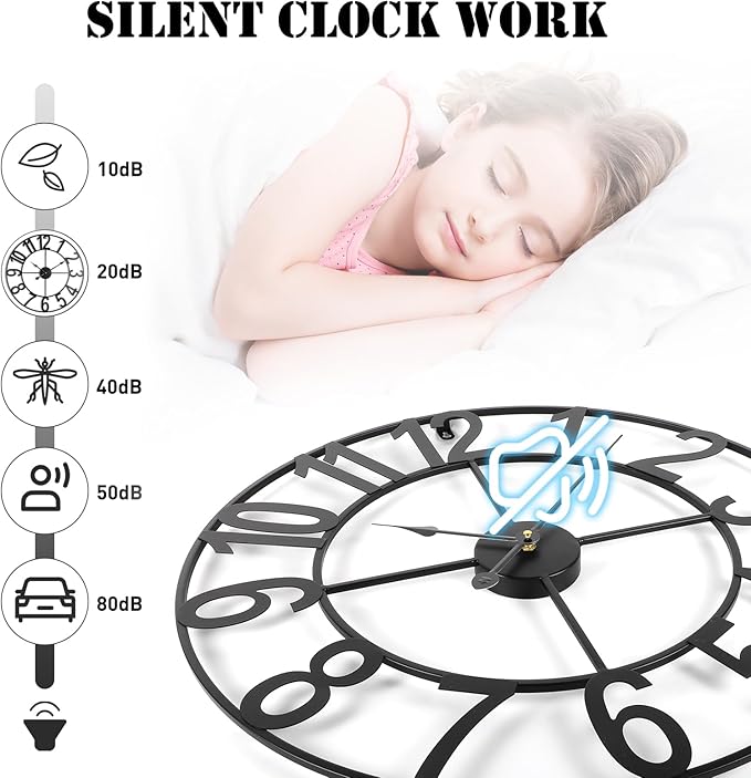 24-Inch(60CM) Large Wall Clocks for Living Room Decor, Silent Non Ticking Battery Operated, Decorative Analog Metal Indoor for Kitchen, Bedroom, Office Decor