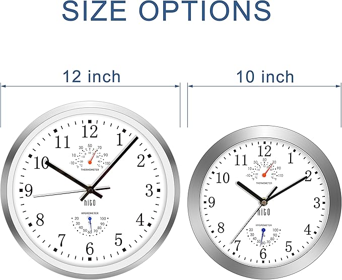 HITO 12 Inch Silent Wall Clock Battery Operated Non Ticking Glass Cover Silver Aluminum Frame, for Living Room Decor, Kitchen, Bedroom, Home Office (12" White)