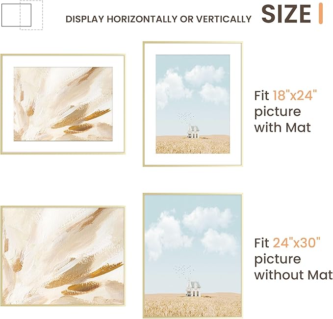 24x30 Aluminum Picture Frame - with Mat for 18x24 Photo or Without Mat for 24 x 30 Photo, Metal Poster Frame with High Definition Plexiglass, Wall Mounting or Tabletop Display, Golden, Set of 1