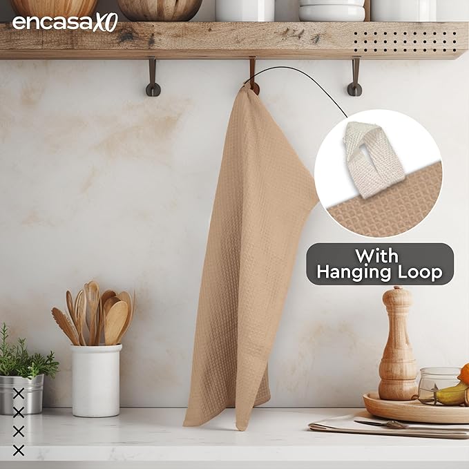 Encasa XO Kitchen Dish Towels Set | Beige | Waffle Weave and Flat Hand Tea Towel | 28"x18" | Quick Drying Reusable Cotton Washcloths | Multipurpose Lightweight Dishcloths Set of 4