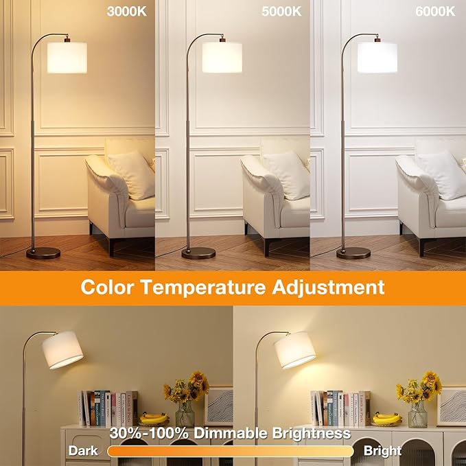 Arc Floor Lamp with Remote and Stepless Dimmable Bulb, Colors Temperature & Brightness Adjustable, Floor Lamps for Living Room（White Shade & Brown Pole）