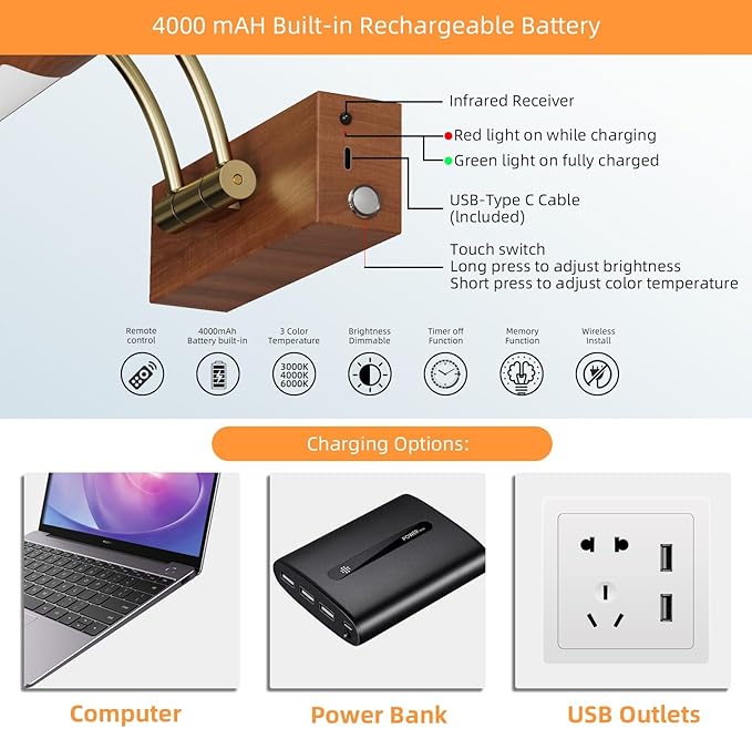 Wireless Picture Lights for Wall Rechargeable,16.1" Battery Operated Art Light for Paintings,3CCT Dimmable with Remote,Rotatable Gallery Light for Pictures Display,Wood Grain