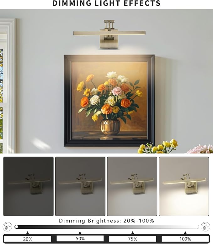 LED Picture Lights for Paintings Dimmable 15.5 Inch Long Hard-Wired Picture Frame Lights Gallery Wall Light with Adjustable Swing Arm Art Display Lamps 7W 3000K Warm White Antique Bronze