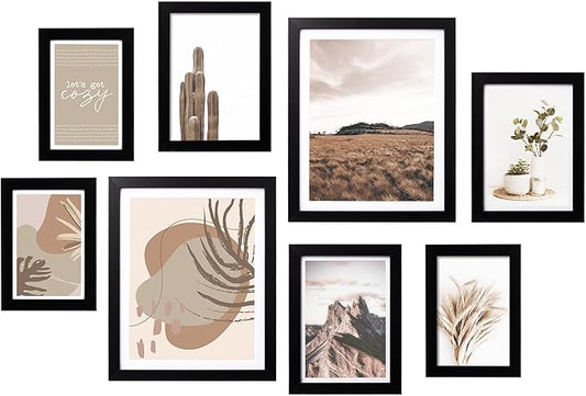 ArtbyHannah Gallery Wall Frame Set,Black Picture Frames Collage Wall Decor with Neutural Art for Living Room Stariway,8 Pack Assorted Size 8"x10",5"x7",4"x6", Small
