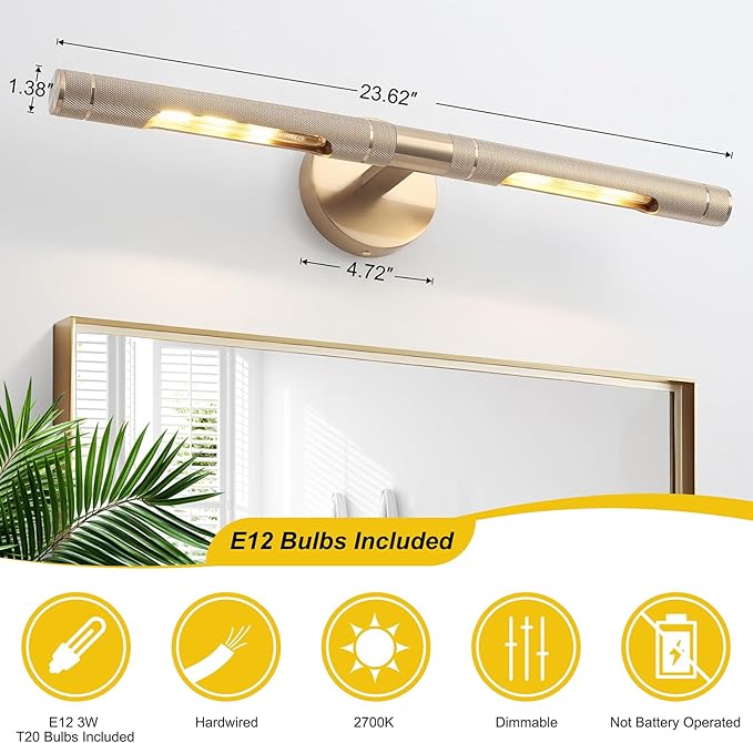 Brass Wall Lights for Pictures,23.6in Hardwired Gold Knurled Brushed Wall Picture Light,Rotatable 360° Modern Gallery Light for Bedroom Bathroom Vanity Mirror Study Room, E12 Bulbs Included
