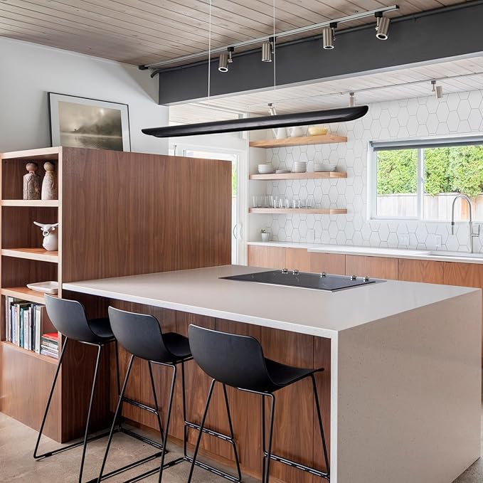 47" Modern Led Linear Pendant Light 36w Dimmable Ceiling Hanging Lights Wood Linear Chandeliers Office Lighting for Dining Room Kitchen Island Pool Table Light Living Room Bar Pendant Light Black