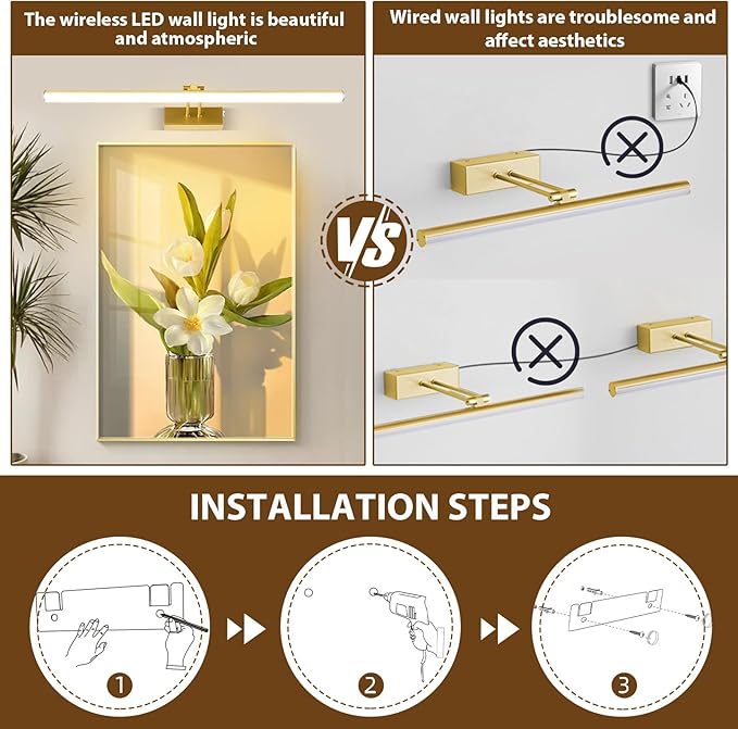 Picture Light, 20inches Dimmable LED Battery Operated Picture Light for Wall Art, Easy Installation, Gallery Lighting for Paintings & Artwork (Gold)