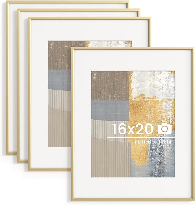 16x20 inch Metal Picture Frame - 16 x 20 Thin Aluminum Photo Frames with 11x14 Removable Mat - High Definition Plexiglass - Vertical and Horizontal Display - Wall Hook Hanging Hardware Included - Gold, Set of 4