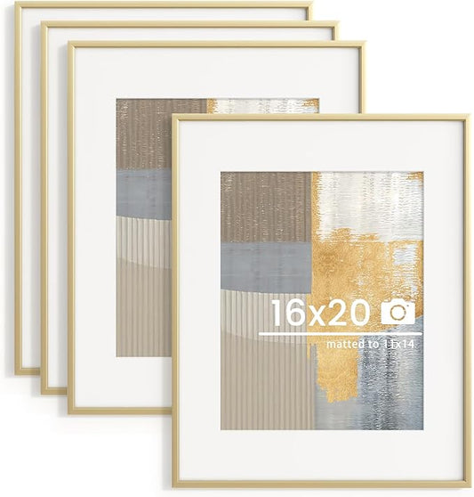 16x20 inch Metal Picture Frame - 16 x 20 Thin Aluminum Photo Frames with 11x14 Removable Mat - High Definition Plexiglass - Vertical and Horizontal Display - Wall Hook Hanging Hardware Included - Gold, Set of 4