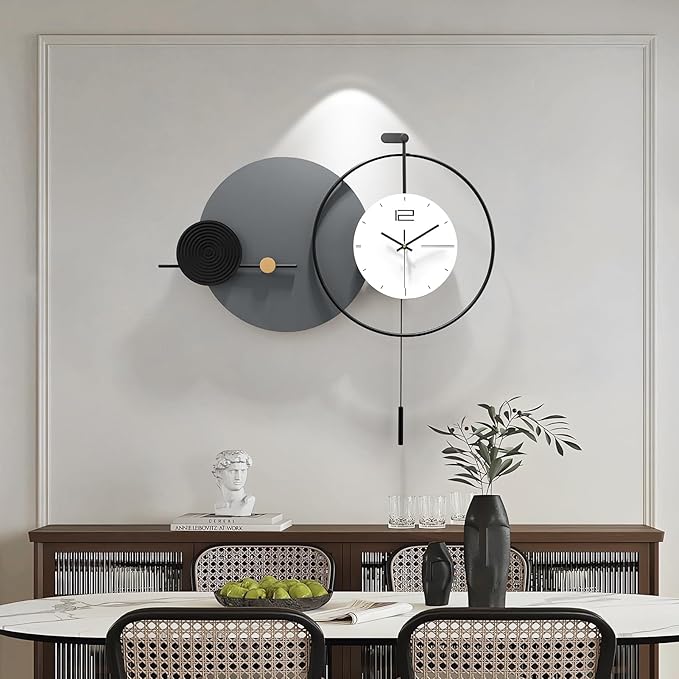 Large Modern Wall Clock for Living Room,Decorative Silent Battery Operated Wall Clock with Pendulum Metal Wall Art for Kitchen/Bedroom/Entryway/Office Decor