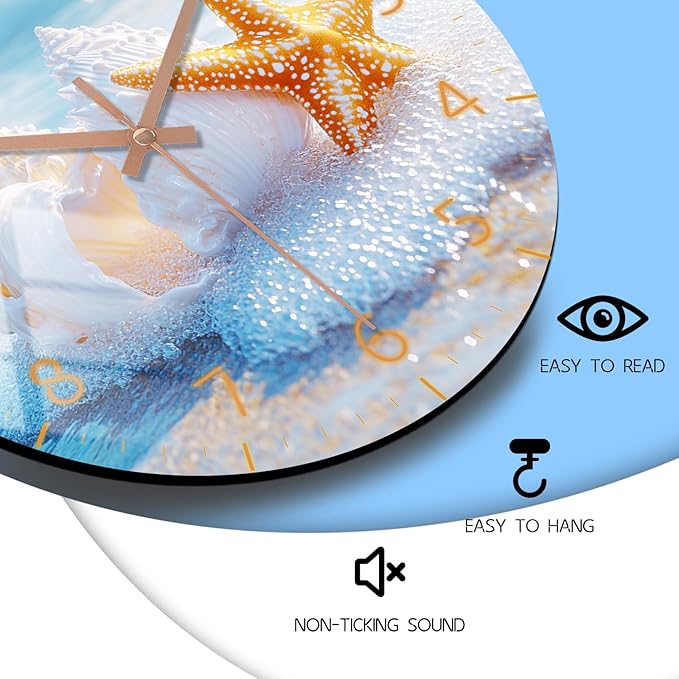 Extra Large Wall-Clock 20 Inch Blue Beach Wall Clock Wooden Round Silent Clocks for Kitchen, Office, Living Room Wall Decor Battery Operated