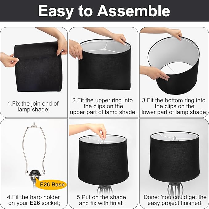 Lampshades Set of 2, Black Fabric Lamp Shades 11.6" Top x 12.6" Bottom x 9.8" High Drum Lampshades for Table Lamps, Floor Lamps, Pendant Light, E26 Base Harp Holders Included