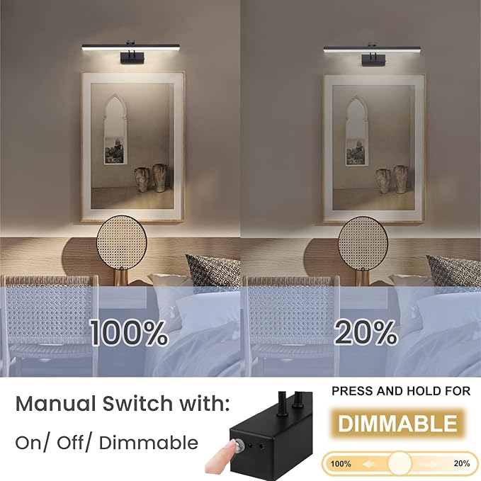 FUNCHDAY Picture Light, Wireless Rechargeable Gallery Light with Remote, 280LM Dimmable Painting Art Lighting Battery Operated, 16" Metal Picture Lights for Wall Art,Paintings,Mirror (Black)