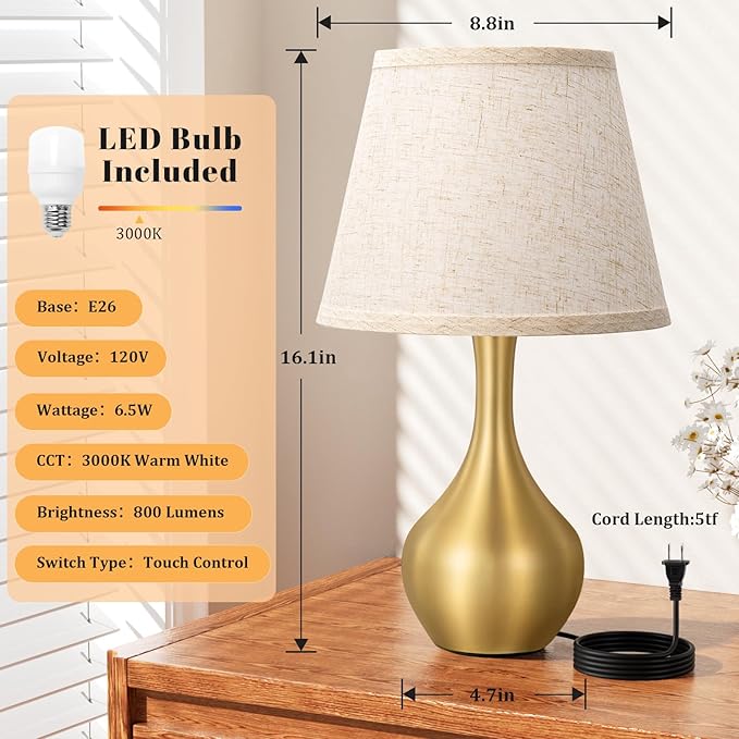 Seealle Touch Table Lamp for Bedroom, 3-Way Dimmable Small Bedside Lamps for Night Stands with Wires, Gold Desk Lamp for Kids Room, Office, Living Room, End Table(LED Bulb Included)