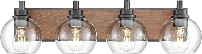 Bathroom Light Fixtures, 4-Light Black and Faux-Wood Finish Bathroom Vanity Light, 26 Inch Farmhouse Wall Sconces with Globe Clear Glass Shade, Vanity Lighting Fixtures Over Mirror, VL195-WB-4