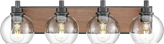 Bathroom Light Fixtures, 4-Light Black and Faux-Wood Finish Bathroom Vanity Light, 26 Inch Farmhouse Wall Sconces with Globe Clear Glass Shade, Vanity Lighting Fixtures Over Mirror, VL195-WB-4